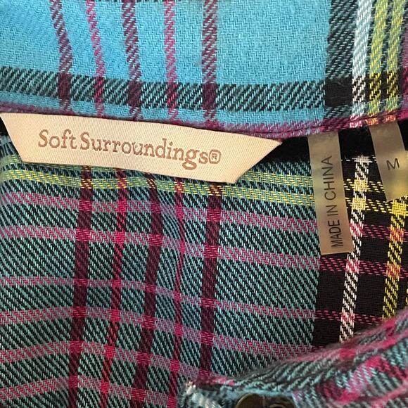Soft Surroundings M Highlands Plaid Velvet Cuff Shirt Turquoise Pink Boho - Picture 13 of 14